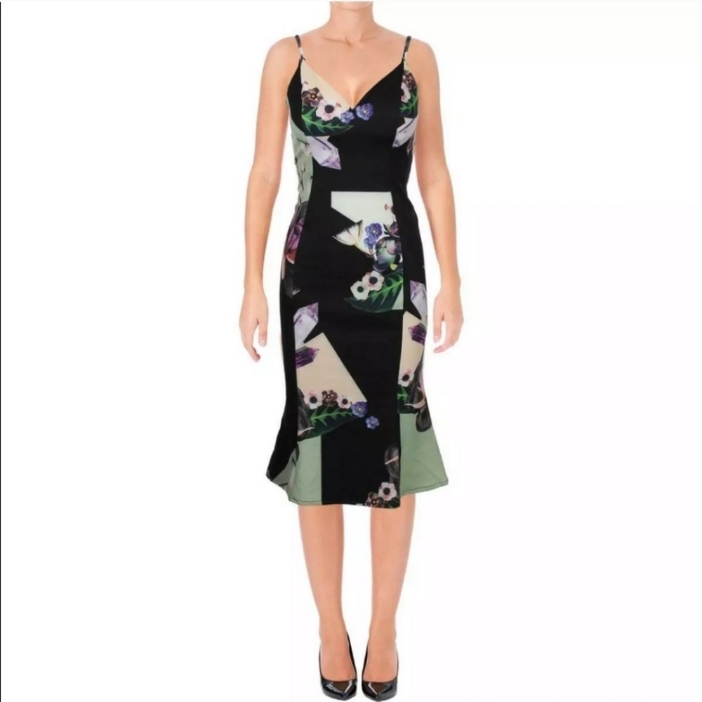 BARIANO AUSTRALIA Black Floral Spaghetti Strap Midi Dress xs NWT